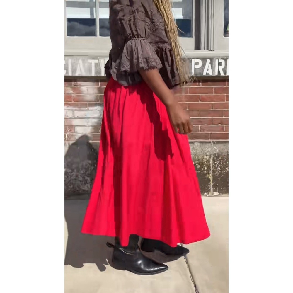 Free People Lowen Midi Skirt Red Pleated Billowy A-line Sz L